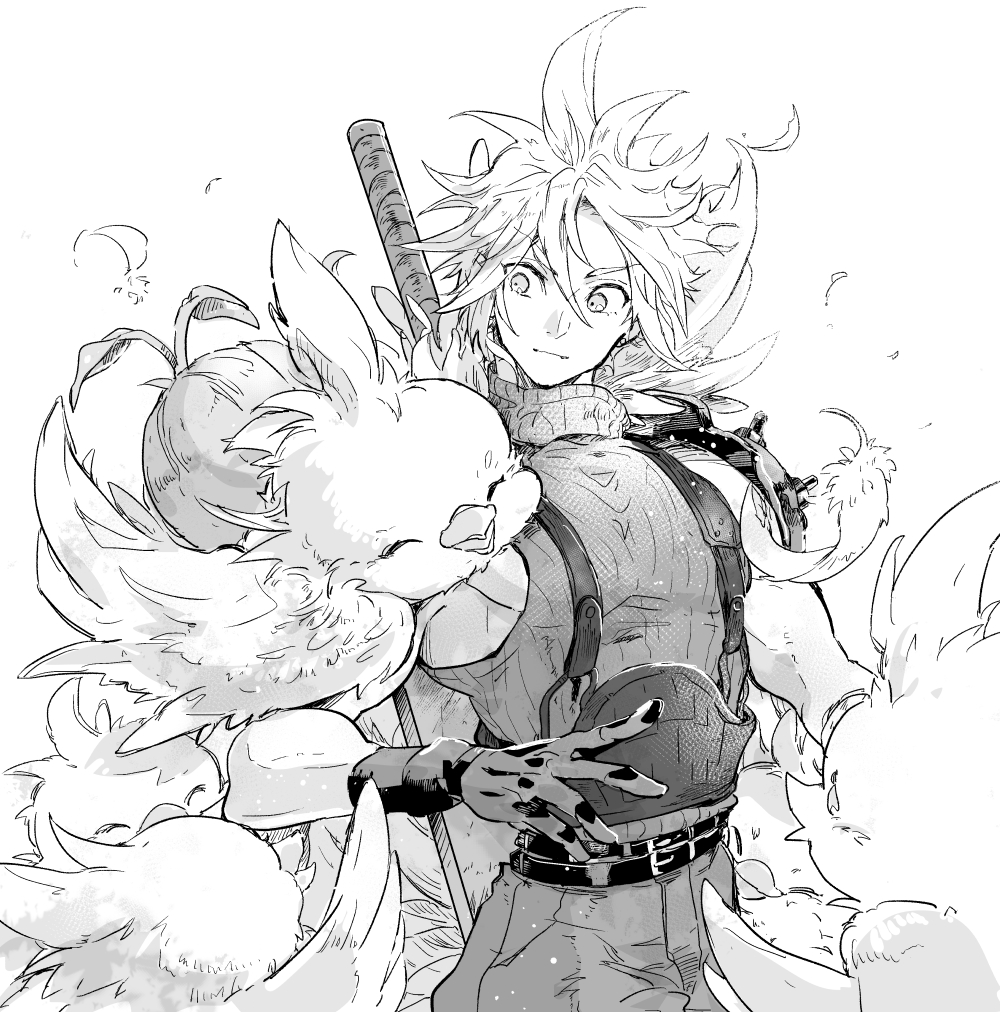 1boy arm_up armor belt bird buster_sword chick chocobo cloud_strife feathers final_fantasy final_fantasy_vii final_fantasy_vii_remake gloves greyscale looking_down looking_to_the_side male_focus monochrome multiple_belts muscular muscular_male pants pauldrons pectorals screentones short_hair shoulder_armor single_pauldron sleeveless sleeveless_sweater sleeveless_turtleneck solo spiky_hair surprised suspenders sweater sword sword_on_back turtleneck turtleneck_sweater upper_body weapon weapon_on_back wxz
