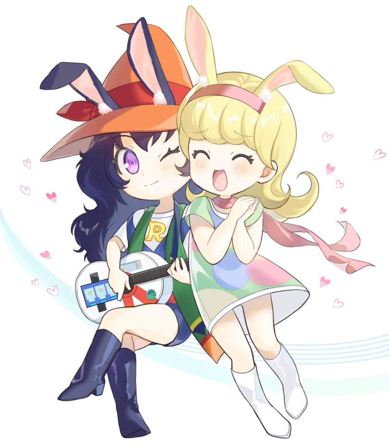 2girls animal_ears black_footwear black_hair blonde_hair blush closed_eyes dress duel_disk goha_yuuna guitar hairband hat heart highres holding holding_guitar holding_instrument instrument kirishima_rovian mechakucha multicolored_clothes multicolored_dress multiple_girls one_eye_closed open_mouth pink_hairband pink_scarf rabbit_ears scarf simple_background smile violet_eyes white_background white_footwear witch_hat yu-gi-oh! yu-gi-oh!_go_rush!!