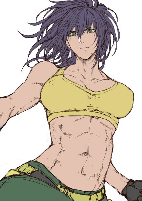 1girl abs biceps blue_hair breasts camouflage camouflage_pants cargo_pants crop_top gloves green_eyes leona_heidern long_hair looking_at_viewer muscular muscular_female pants ponytail soldier solo tank_top the_king_of_fighters the_king_of_fighters_xv yasunososaku yellow_tank_top