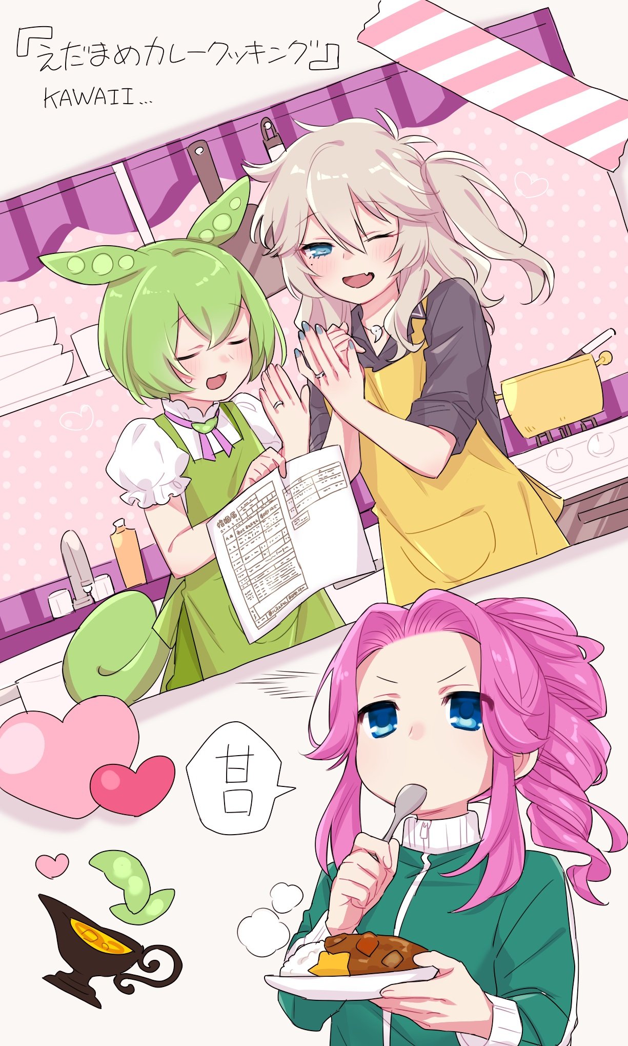 3girls :3 alternate_costume apron black_shirt blue_eyes blue_nails brooch brown_hair closed_eyes collared_shirt commentary cooking_pot curry curry_rice curtained_hair drill_hair drill_ponytail eating edamame edamame_curry_cooking_(voicevox) fang faucet food forehead green_apron green_hair green_jacket grey_background hand_up hands_up heart highres holding holding_paper holding_plate holding_spoon jacket jewelry kasukabe_tsumugi kawasaki_(5s5_g) kitchen long_hair looking_at_viewer low_ponytail magatama magatama_necklace marriage_certificate_(object) mole mole_under_eye multiple_girls necklace one_eye_closed one_side_up open_mouth paper photo_(object) pink_hair plate rice ring shikoku_metan shirt simple_background skin_fang sleeves_rolled_up smile song_name speech_bubble spoon symbol-only_commentary track_jacket translation_request utau v-shaped_eyebrows voicevox wedding_ring white_shirt wife_and_wife yellow_apron yuri zundamon