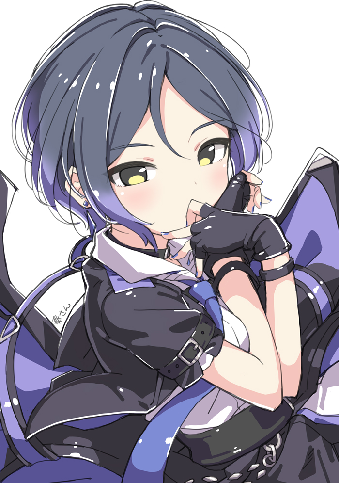 1girl black_gloves black_hair black_shirt black_skirt blue_necktie blush breasts character_name collar covering_own_mouth dot_nose earrings expressionless fingerless_gloves gloves hayami_kanade idolmaster idolmaster_cinderella_girls jewelry kuresuku_(lessons) looking_at_viewer medium_breasts necktie own_hands_together parted_bangs shirt short_hair short_sleeves sidelocks simple_background skirt solo upper_body white_background white_collar yellow_eyes