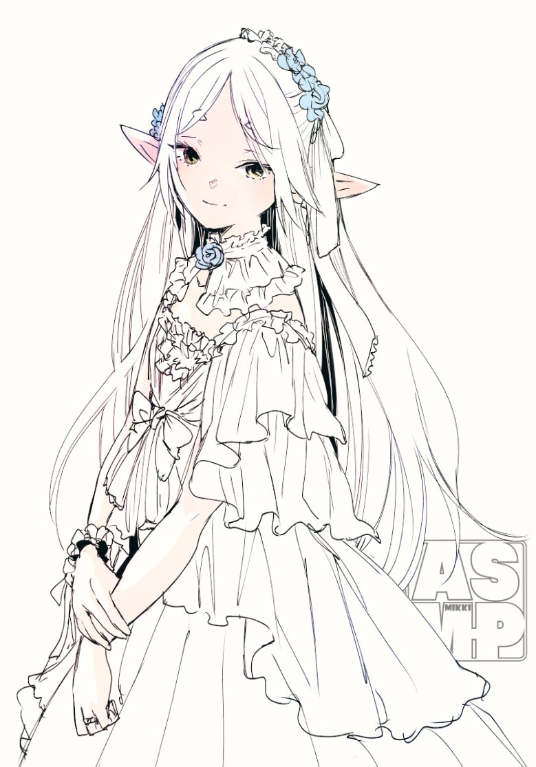 1girl alternate_costume alternate_hairstyle blue_flower blue_rose center_frills closed_mouth commentary_request dress elf flower frieren frilled_cuffs frilled_dress frills hair_flower hair_ornament jewelry light_smile long_hair mikki_(asmp) pointy_ears ring rose simple_background sketch solo sousou_no_frieren standing very_long_hair white_background white_dress white_hair yellow_eyes