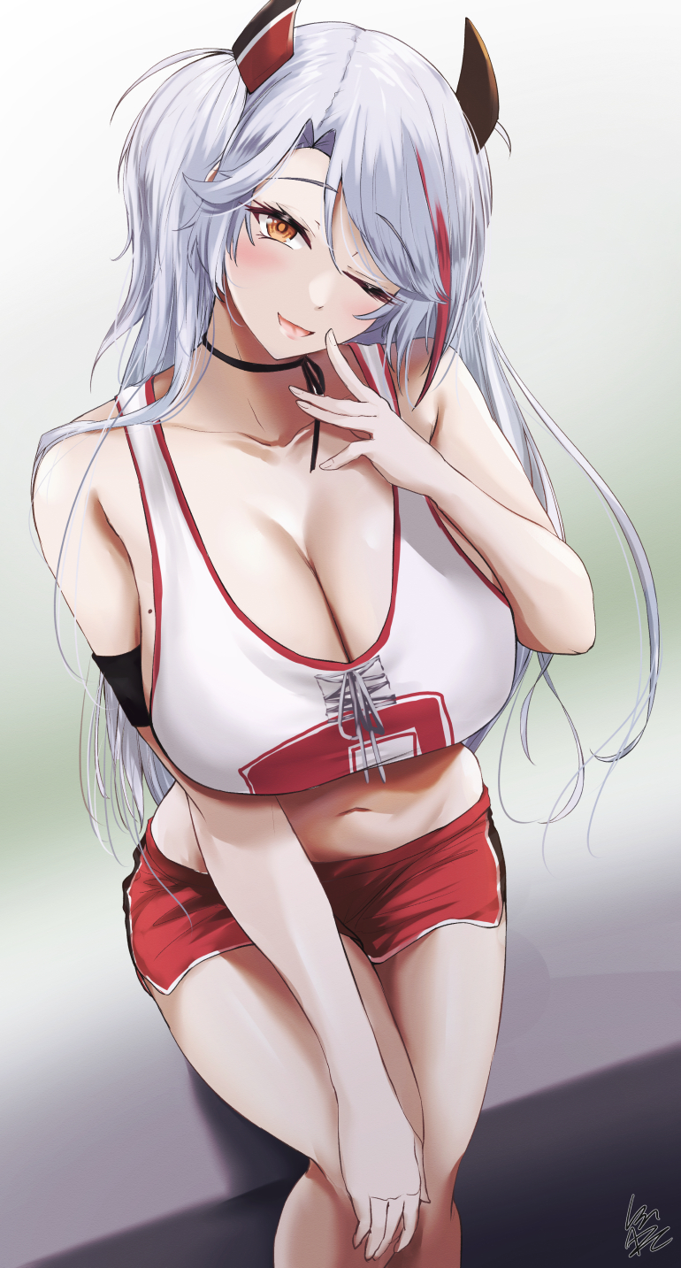 1girl azur_lane blush breasts crop_top highres huge_breasts ibara_azuki large_breasts long_hair looking_at_viewer mole mole_on_breast multicolored_hair navel official_alternate_costume one_eye_closed open_mouth prinz_eugen_(azur_lane) solo streaked_hair tagme