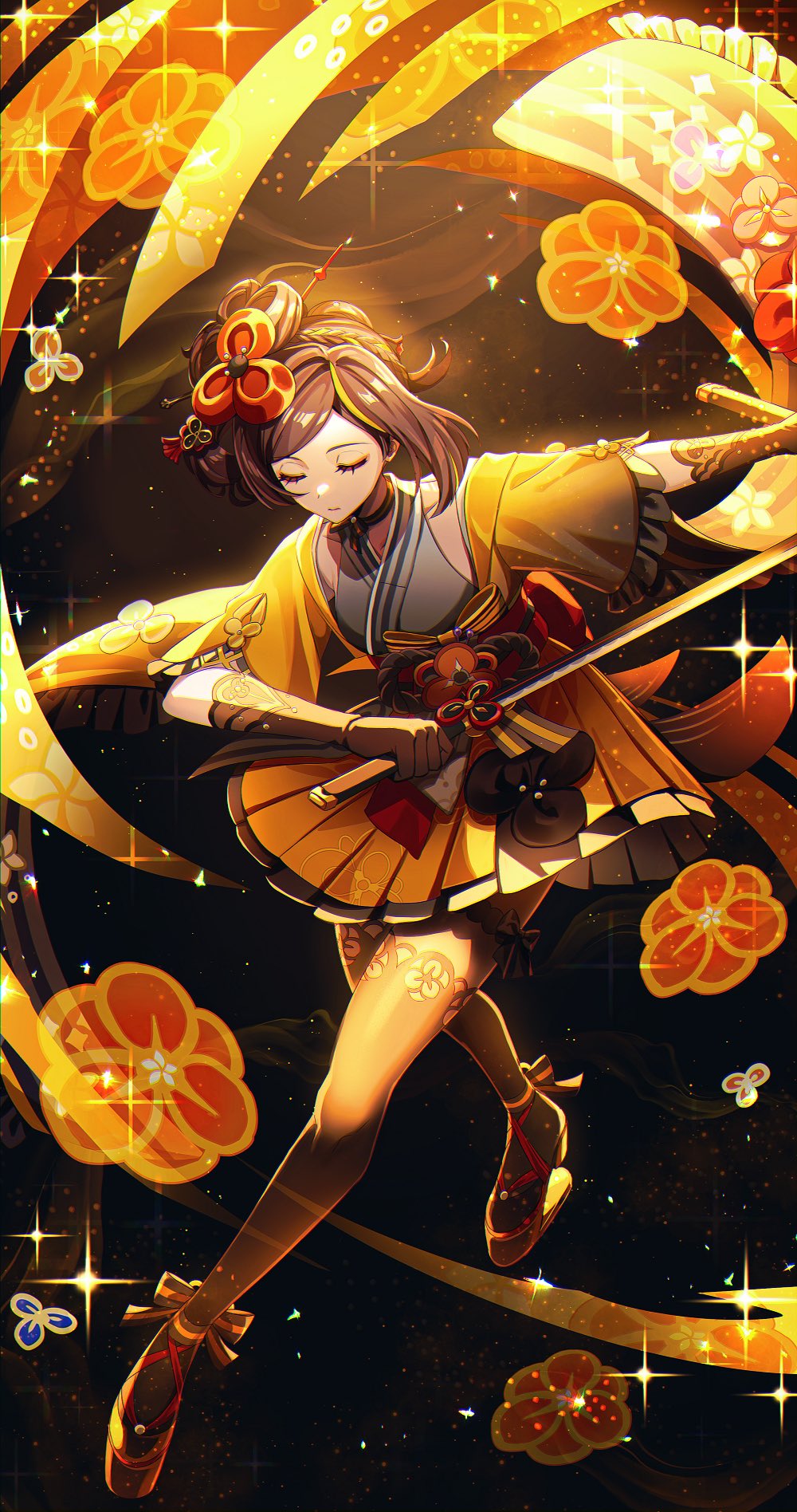 1girl black_gloves black_pantyhose black_thighhighs brown_hair chiori_(genshin_impact) closed_eyes dual_wielding genshin_impact gloves hair_ornament highres holding holding_sword holding_weapon japanese_clothes kimono long_hair multicolored_background multicolored_hair pantyhose sash shibuki_kamone short_kimono solo sword thigh-highs weapon