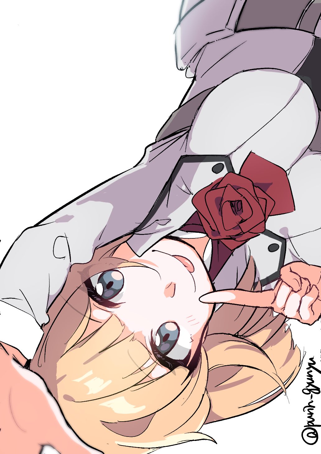 1girl ascot blonde_hair blue_eyes flower grey_jacket highres index_finger_raised jacket kantai_collection lying military_uniform neck_flower niina_(purin_gyunyu) red_ascot red_flower red_rose rodney_(kancolle) rose short_hair simple_background solo tongue tongue_out twitter_username uniform upper_body upside-down white_background