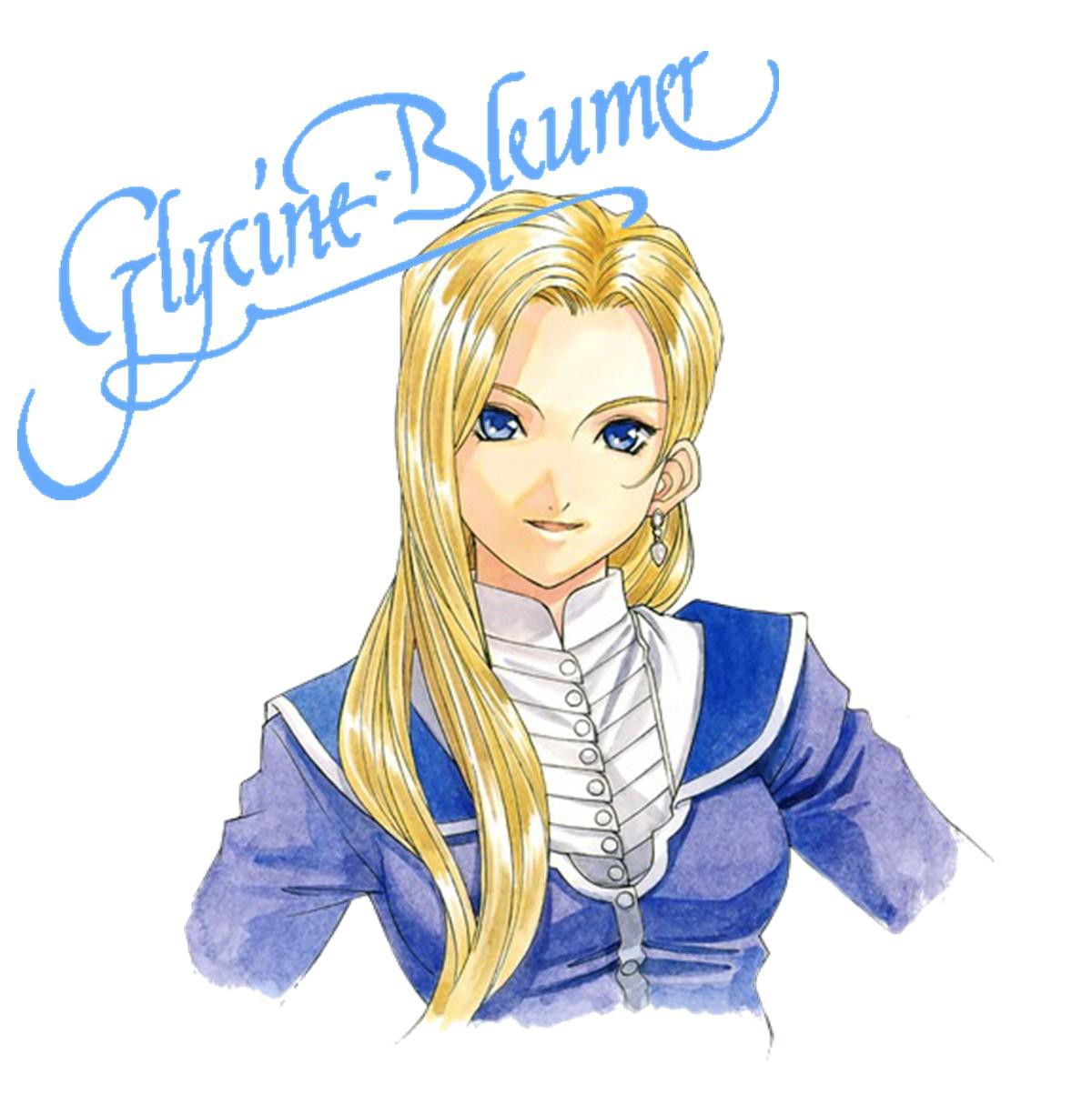 1girl blonde_hair blue_eyes blue_jacket blue_sleeves breasts buttons character_name collar collared_jacket cropped_torso cursive earrings english_text glycine_bleumer hair_over_breasts hair_over_one_breast hair_over_shoulder highres jacket jewelry long_hair mandarin_collar matsubara_hidenori medium_breasts nose official_art sakura_taisen signature simple_background single_earring smile solo solo_focus third-party_source white_background white_collar