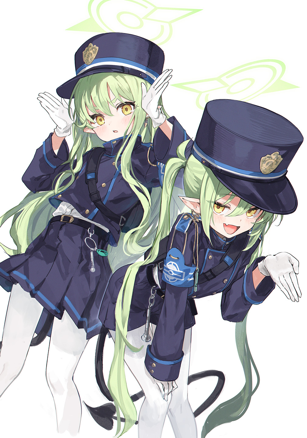 2girls :o armband blue_archive blue_armband blue_hat blue_jacket blue_skirt blush commentary_request demon_tail fang feet_out_of_frame gloves green_hair halo highlander_sidelocks_conductor_(blue_archive) highlander_twintails_conductor_(blue_archive) highres jacket leaning_forward long_hair looking_at_viewer makihitsuji mesugaki multiple_girls pantyhose pleated_skirt pointy_ears shirt shirt_peek sidelocks skin_fang skirt smug tail twintails very_long_hair white_gloves white_pantyhose white_shirt yellow_eyes