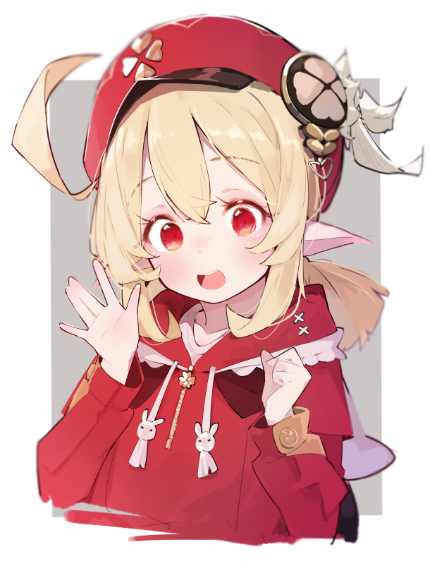 1girl ahoge blonde_hair blurry border cabbie_hat clover_print cropped_torso depth_of_field drawstring fujiwara_gacho genshin_impact hat hat_feather klee_(genshin_impact) looking_at_viewer low_twintails open_mouth outside_border pointy_ears red_eyes red_hat short_twintails solo twintails upper_body waving white_border