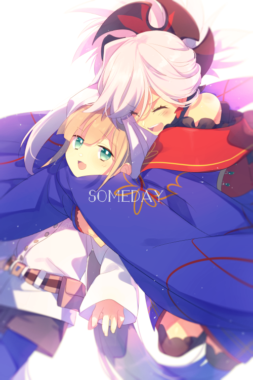 1boy 1girl bare_shoulders belt black_shorts blue_hair blue_kimono blue_pants blush captain_nemo_(fate) closed_eyes echo_(circa) fate/grand_order fate_(series) gradient_hair green_eyes hair_ornament hat_feather hug jacket japanese_clothes kimono light_brown_hair long_hair long_sleeves miyamoto_musashi_(fate) multicolored_hair nemo_(fate) off_shoulder open_mouth pants pink_hair ponytail shorts smile swept_bangs thigh-highs thighs tight_clothes tight_pants turban two-tone_hair white_hat white_jacket wide_sleeves