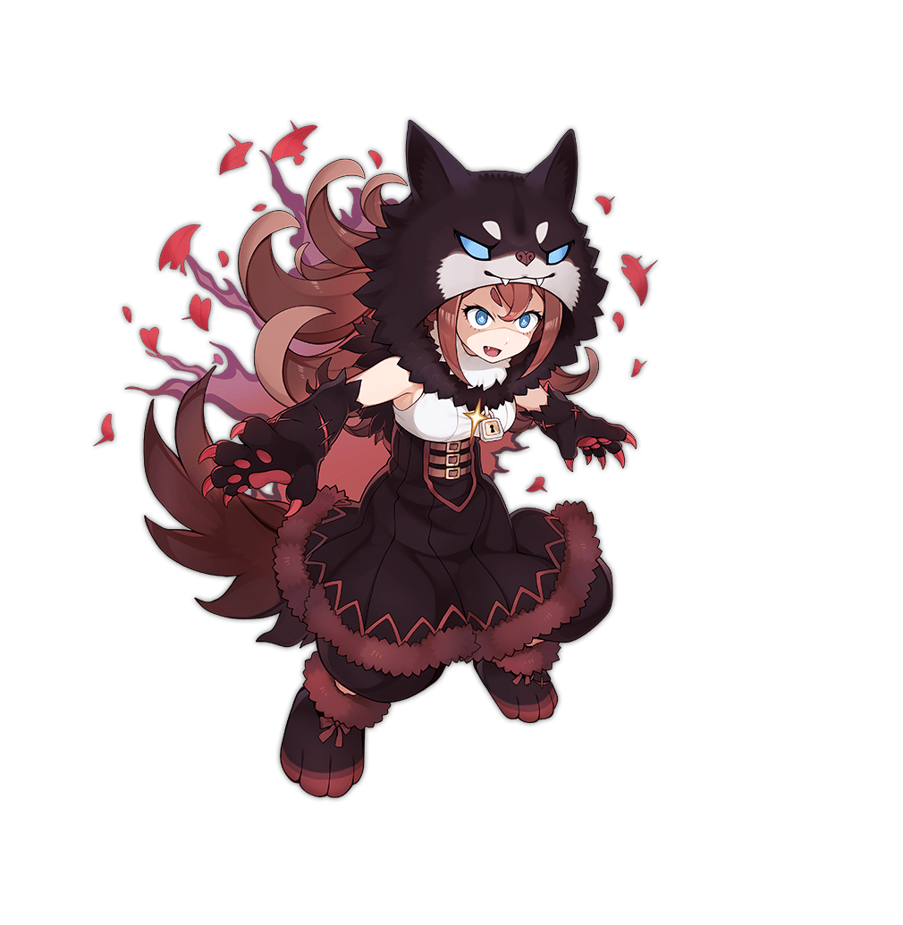 1girl animal_hands animal_hood ark_order black_coat black_footwear black_skirt blue_eyes boots brown_hair claws coat dark_persona detached_sleeves fang fire full_body fur-trimmed_boots fur-trimmed_coat fur-trimmed_skirt fur_collar fur_trim gloves hood lock long_hair long_sleeves medium_hair mtyy official_art open_mouth paw_gloves paw_shoes shirt short_eyebrows skirt smile solo standing tachi-e torn_clothes transparent_background v-shaped_eyebrows werewolf_(ark_order) white_shirt wolf_hood