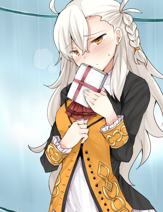 1girl antenna_hair ascot blush box braid breath buttons closed_mouth commentary_request crossed_bangs fate/grand_order fate_(series) frilled_sleeves frills gift gift_box holding holding_gift indoors long_hair long_sleeves looking_at_viewer olga_marie_animusphere orange_eyes red_ascot sabujiroko side_braid solo sweatdrop valentine very_long_hair white_hair