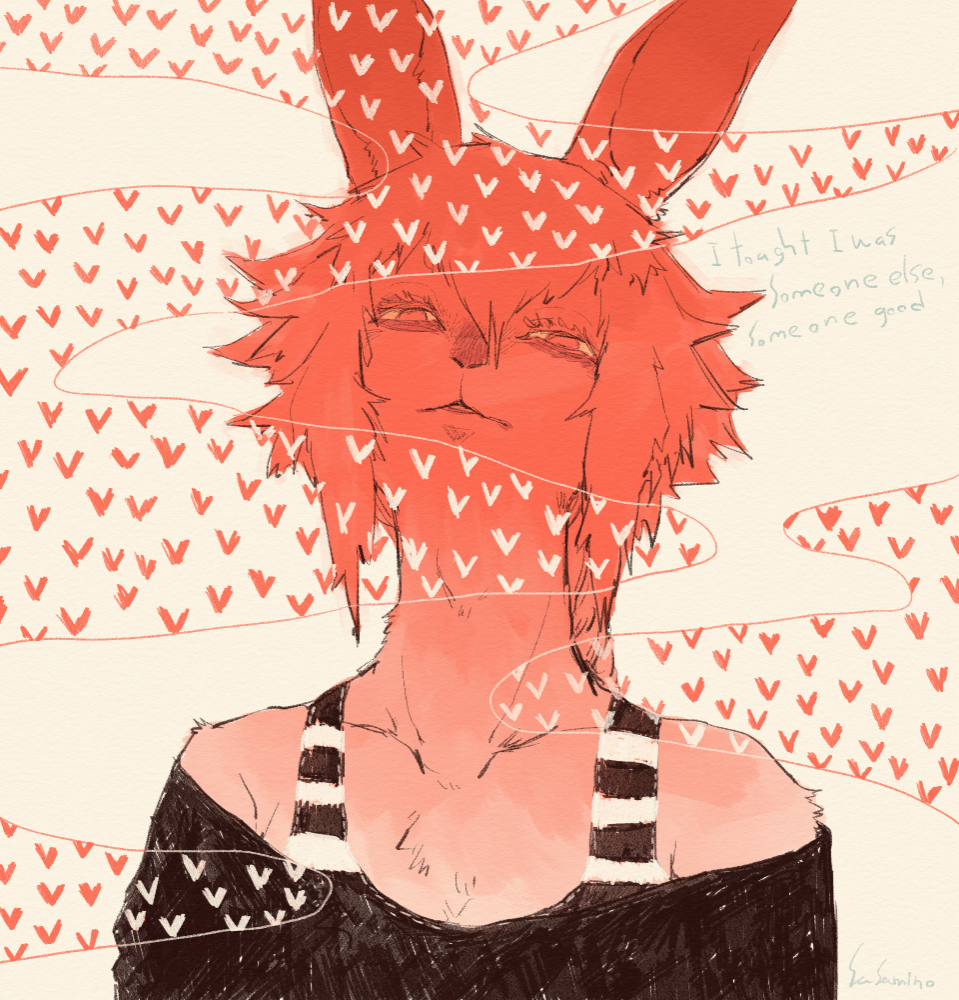 1boy animal_ears artist_name body_fur commentary_request english_text engrish_text furry furry_male hair_between_eyes limited_palette looking_at_viewer male_focus off-shoulder_shirt off_shoulder original parted_lips rabbit_boy rabbit_ears ranguage red_eyes sasamichr shirt short_hair solo striped_tank_top tank_top upper_body yellow_background