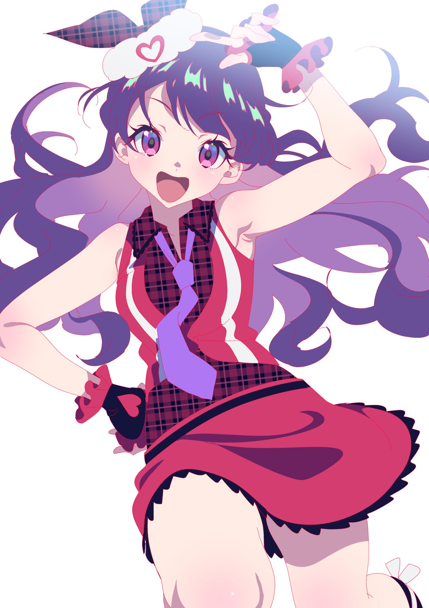 1girl :d ageha_mia anchiki_shou arm_up armpits bad_id bad_twitter_id black_gloves collared_shirt fingerless_gloves frilled_skirt frills gloves hand_on_own_hip highres idol_clothes long_hair looking_at_viewer necktie open_mouth plaid plaid_shirt pretty_rhythm pretty_rhythm_dear_my_future pretty_series purple_hair purple_necktie red_shirt red_skirt shirt simple_background skirt sleeveless sleeveless_shirt smile solo standing violet_eyes w white_background