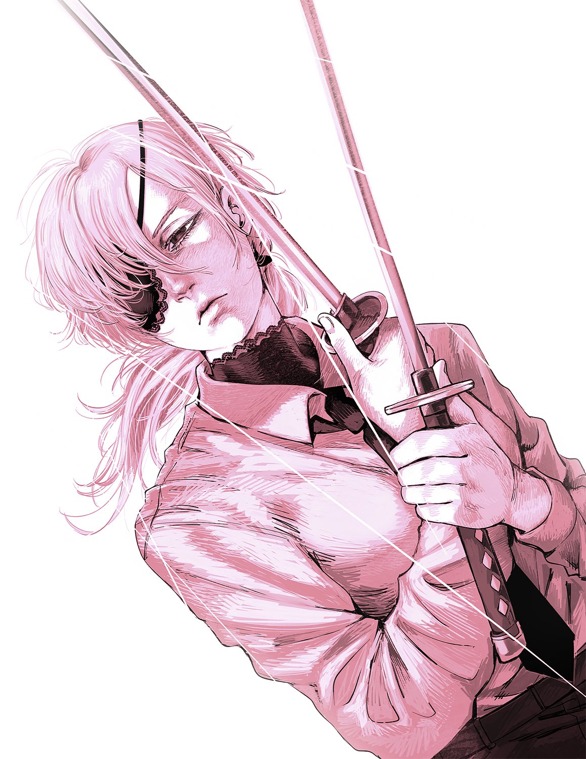 1girl black_necktie black_pants chainsaw_man dress_shirt dual_wielding eyepatch high_collar highres holding holding_sword holding_weapon katana lace-trimmed_eyepatch long_hair long_sleeves low_ponytail monochrome necktie normov pants pink_theme quanxi_(chainsaw_man) shirt shirt_tucked_in solo swept_bangs sword twin_blades upper_body weapon white_background white_shirt