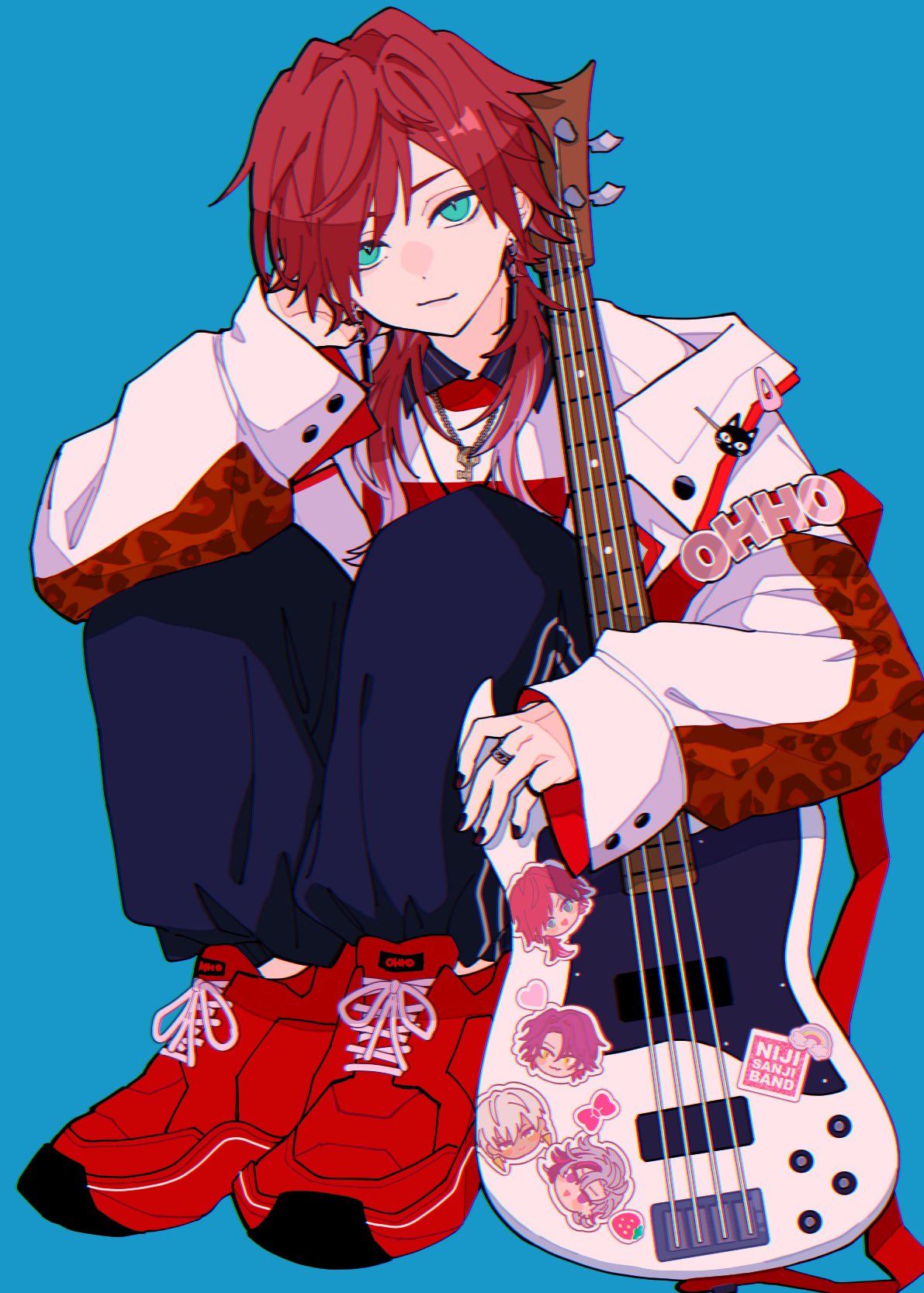 1boy adjusting_hair aqua_eyes bass_guitar black_nails blue_background blue_pants closed_mouth full_body hand_up highres instrument jacket jewelry key key_necklace knees_up lauren_iroas long_hair looking_at_viewer multicolored_clothes multicolored_jacket multicolored_shirt multiple_rings nasi_w2 necklace nijisanji open_clothes open_jacket pants red_footwear red_jacket red_shirt redhead ring shirt shirt_under_shirt shoes simple_background sitting smile sneakers solo sticker white_jacket white_shirt