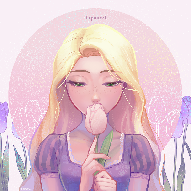 1girl blonde_hair character_name dress flower green_eyes holding holding_flower long_hair looking_at_object pink_flower pink_tulip purple_dress purple_flower purple_tulip rapunzel_(disney) seoyeon solo tangled tulip upper_body