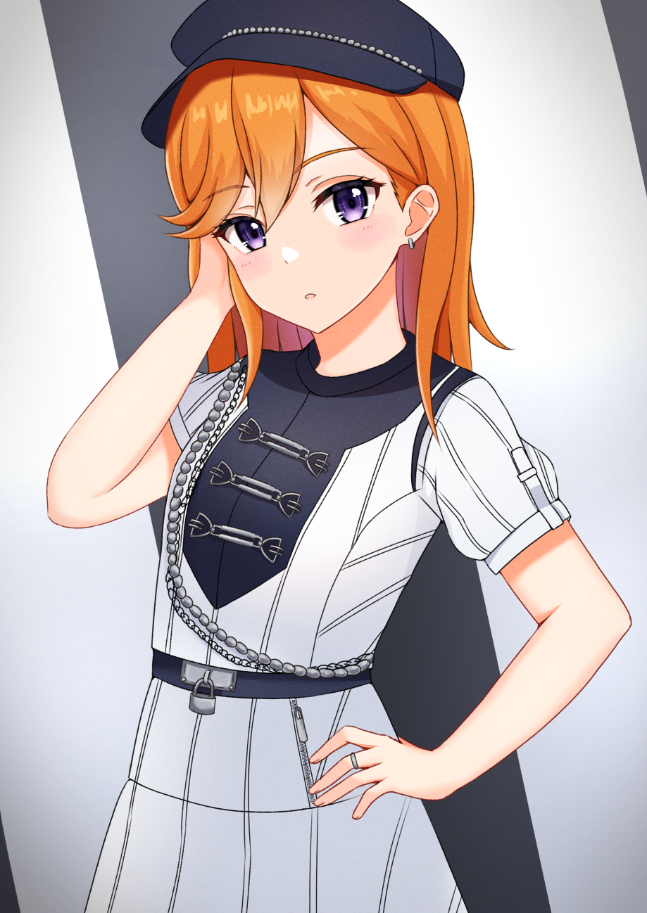 1girl black_hat blush commentary_request dress ear_piercing hand_on_own_hip hat highres jewelry lock looking_at_viewer love_live! love_live!_superstar!! medium_hair orange_hair parted_lips piercing ring second_sparkle shibuya_kanon short_sleeves sikamiya solo standing upper_body violet_eyes white_dress zipper