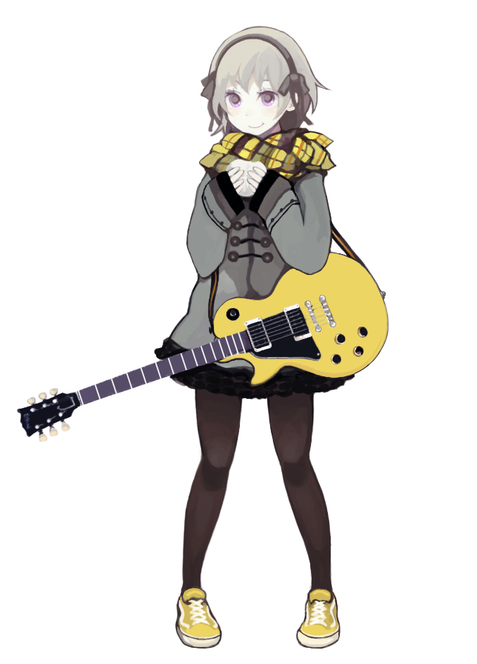 1girl baozi commentary_request eating electric_guitar food full_body gibson_les_paul grey_hair guitar hairband himao instrument jacket original pantyhose scarf shoes short_hair simple_background skirt smile sneakers solo violet_eyes white_background