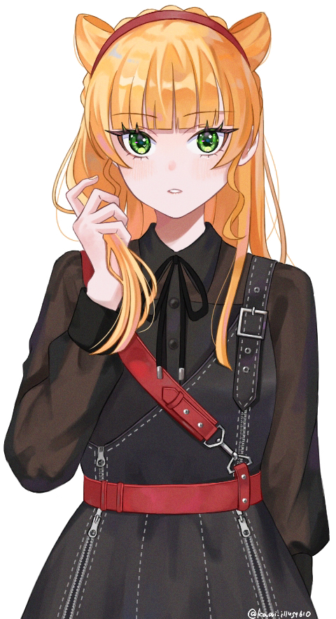 0610_kaori 1girl animal_ears black_dress black_ribbon blonde_hair blunt_bangs breasts cat_ears catchu!_(love_live!) collared_dress cowboy_shot dress green_eyes hairband heanna_sumire holding_own_hair kemonomimi_mode long_hair long_sleeves looking_at_viewer love_live! love_live!_superstar!! parted_lips red_hairband ribbon solo white_background