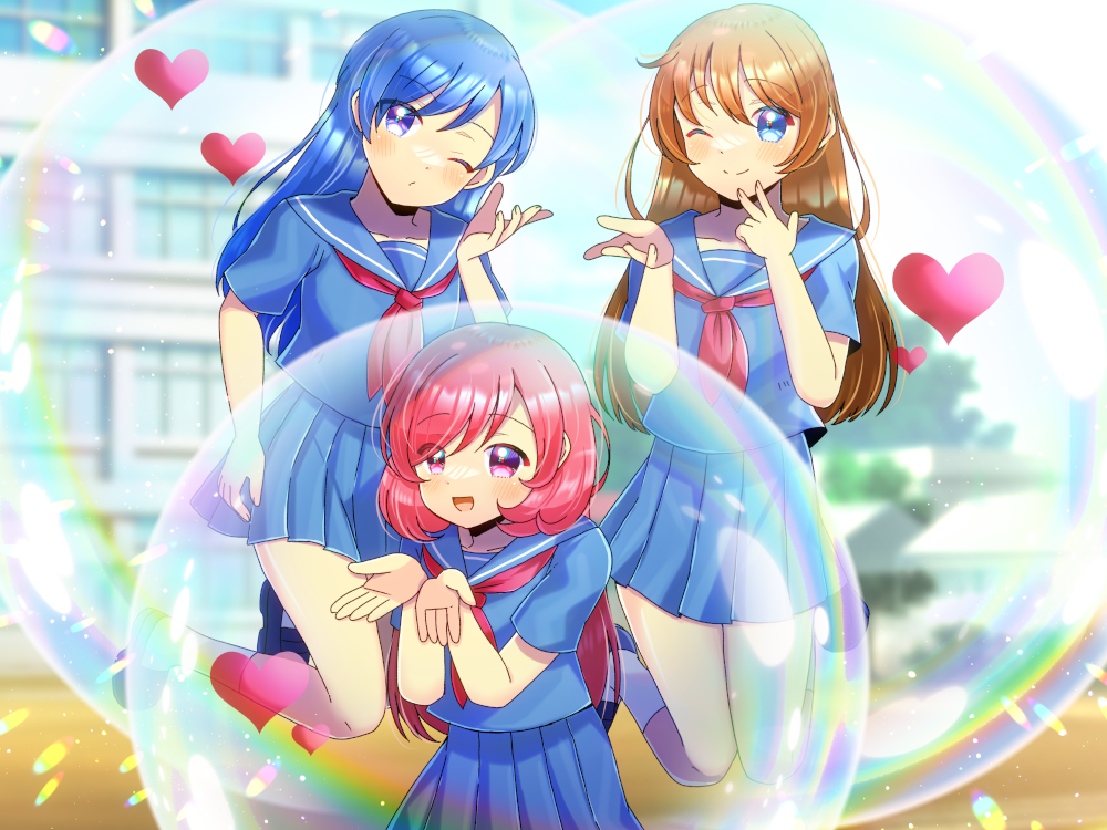3girls :d ;) black_footwear blowing_kiss blue_eyes blue_hair blue_sailor_collar blue_serafuku blue_shirt blue_skirt blue_sky blurry blurry_background blush brown_hair bubble building character_request closed_mouth clouds collarbone commentary_request commission day depth_of_field hands_up kirameki_high_school_uniform kou_hiyoyo lens_flare loafers long_hair multiple_girls neckerchief one_eye_closed outdoors parodius pleated_skirt red_eyes red_neckerchief sailor_collar school_uniform serafuku shirt shoes short_sleeves skeb_commission skirt sky smile socks very_long_hair violet_eyes white_socks window