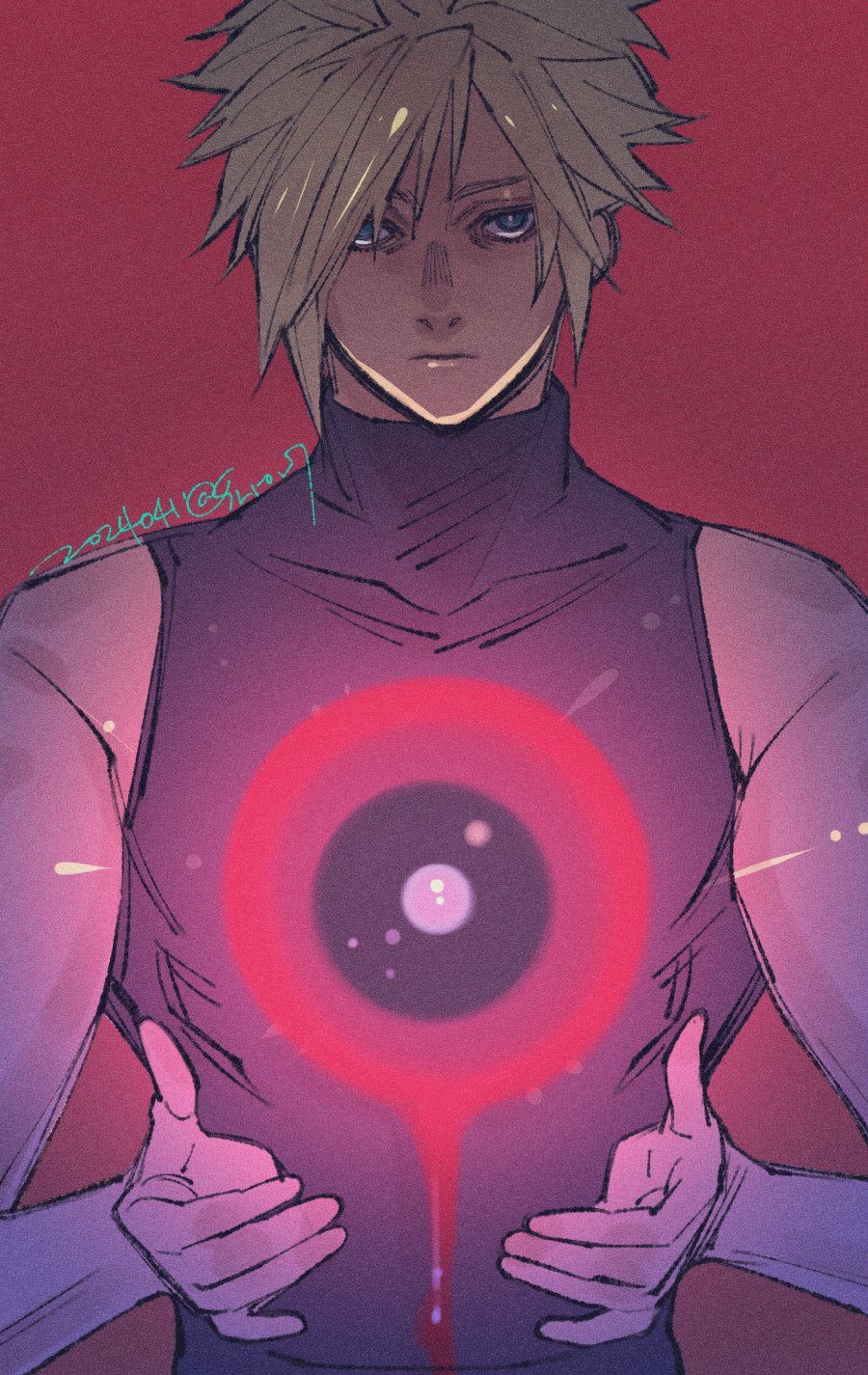 1boy bare_shoulders blonde_hair blue_eyes cloud_strife dated empty_eyes expressionless final_fantasy final_fantasy_vii final_fantasy_vii_rebirth final_fantasy_vii_remake grey_shirt hair_between_eyes highres looking_at_viewer male_focus materia red_background shirt short_hair sleeveless sleeveless_turtleneck solo spiky_hair turtleneck twitter_username upper_body wakakusa-e
