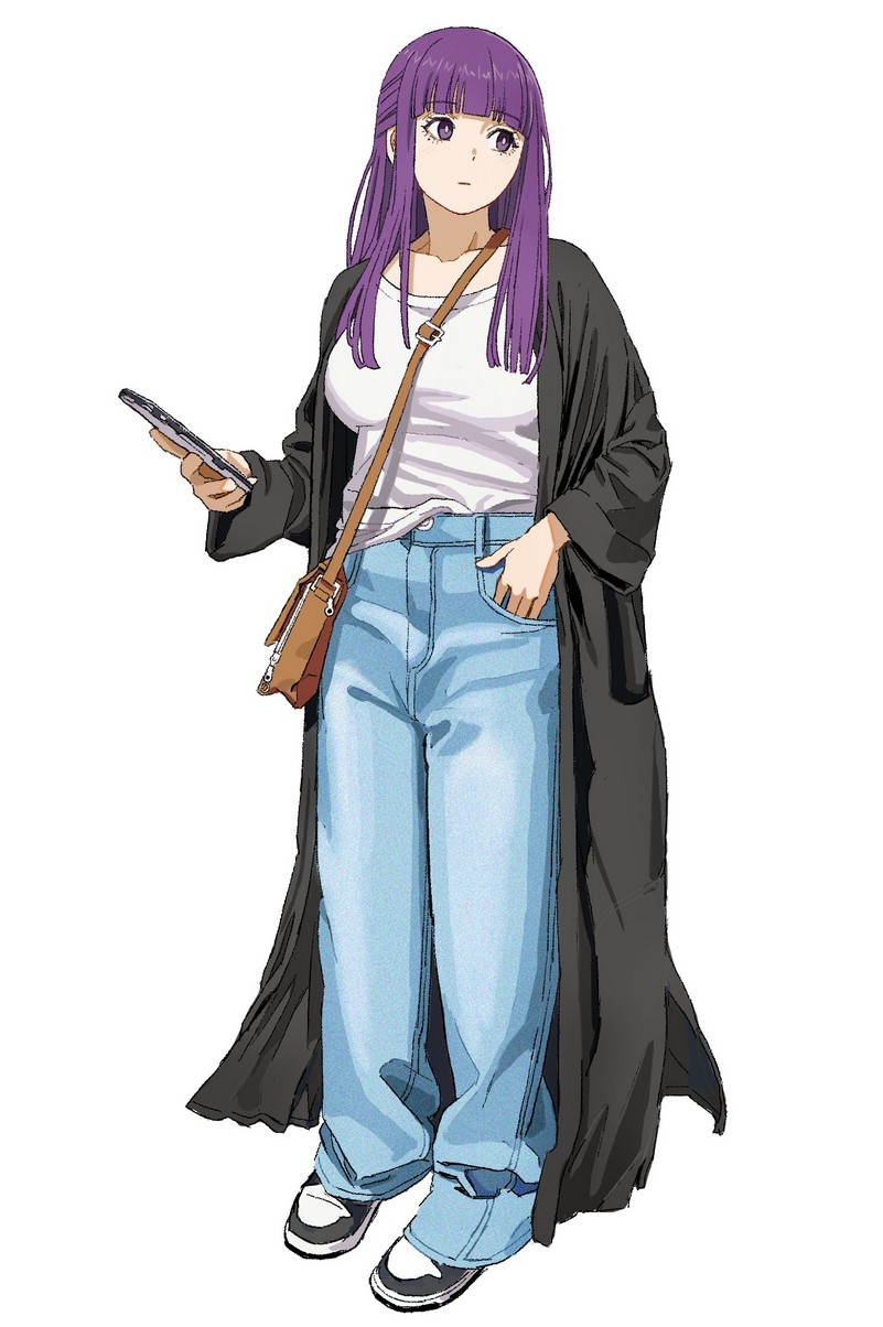1girl baggy_pants black_coat blunt_bangs breasts cellphone closed_mouth coat denim fern_(sousou_no_frieren) highres jeans large_breasts long_hair long_sleeves pants phone purple_hair shiren_(ourboy83) shoes sidelocks simple_background smartphone sneakers solo sousou_no_frieren straight_hair violet_eyes white_background