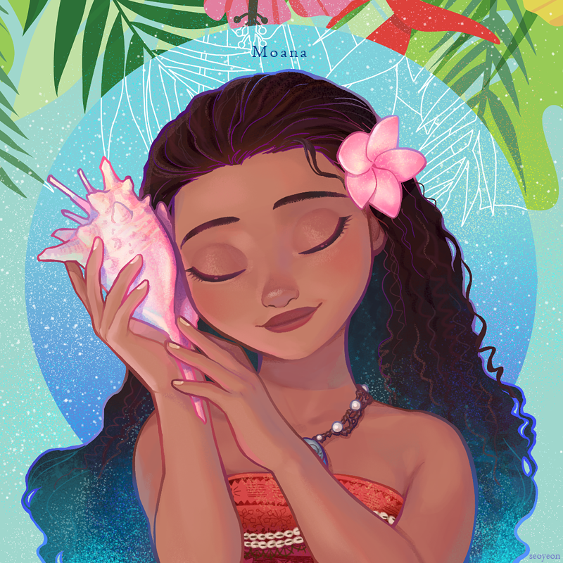 1girl bare_shoulders black_hair character_name closed_eyes conch curly_hair dark-skinned_female dark_skin flower hair_flower hair_ornament holding holding_seashell holding_shell jewelry long_hair moana_(movie) moana_waialiki necklace orange_tube_top pink_flower seashell seoyeon shell solo strapless tube_top upper_body