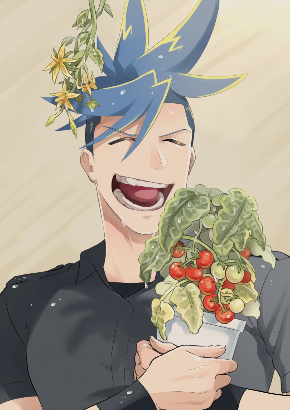 1boy black_wristband blue_hair cherry_tomato closed_eyes collared_shirt facing_viewer flower_pot galo_thymos grey_background grey_shirt highres holding holding_flower_pot male_focus open_mouth plant potted_plant promare shirt short_hair spiky_hair sumi_wo_hakuneko teeth tomato wet wet_hair