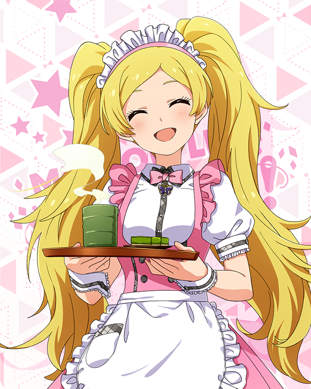 1girl :d apron blonde_hair blush bow bowtie breasts butterfly_ornament closed_eyes cup dot_nose dress emily_stewart eyelashes fluffy_hair food frilled_apron frilled_skirt frills green_tea holding holding_tray idolmaster idolmaster_million_live! idolmaster_million_live!_theater_days long_hair looking_at_viewer maid_headdress matcha_(food) official_alternate_costume official_art open_mouth pink_bow pink_bowtie pink_dress pretty_waitress_(idolmaster) puffy_short_sleeves puffy_sleeves serving shirt short_sleeves sidelocks skirt small_breasts smile solo standing starry_background steam straight-on tea thigh-highs tray twintails upper_body very_long_hair wagashi waist_apron waitress white_apron white_shirt white_thighhighs wrist_cuffs yunomi