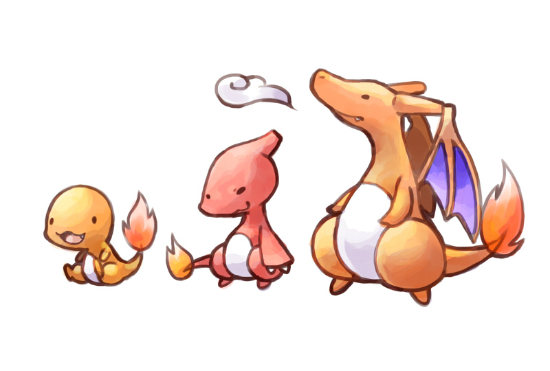 :3 animal_focus charizard charmander charmeleon chibi chibi_only claws closed_mouth evolutionary_line fang flame-tipped_tail full_body kotorai no_humans nostrils open_mouth pokemon pokemon_(creature) simple_background smoke solid_oval_eyes standing white_background