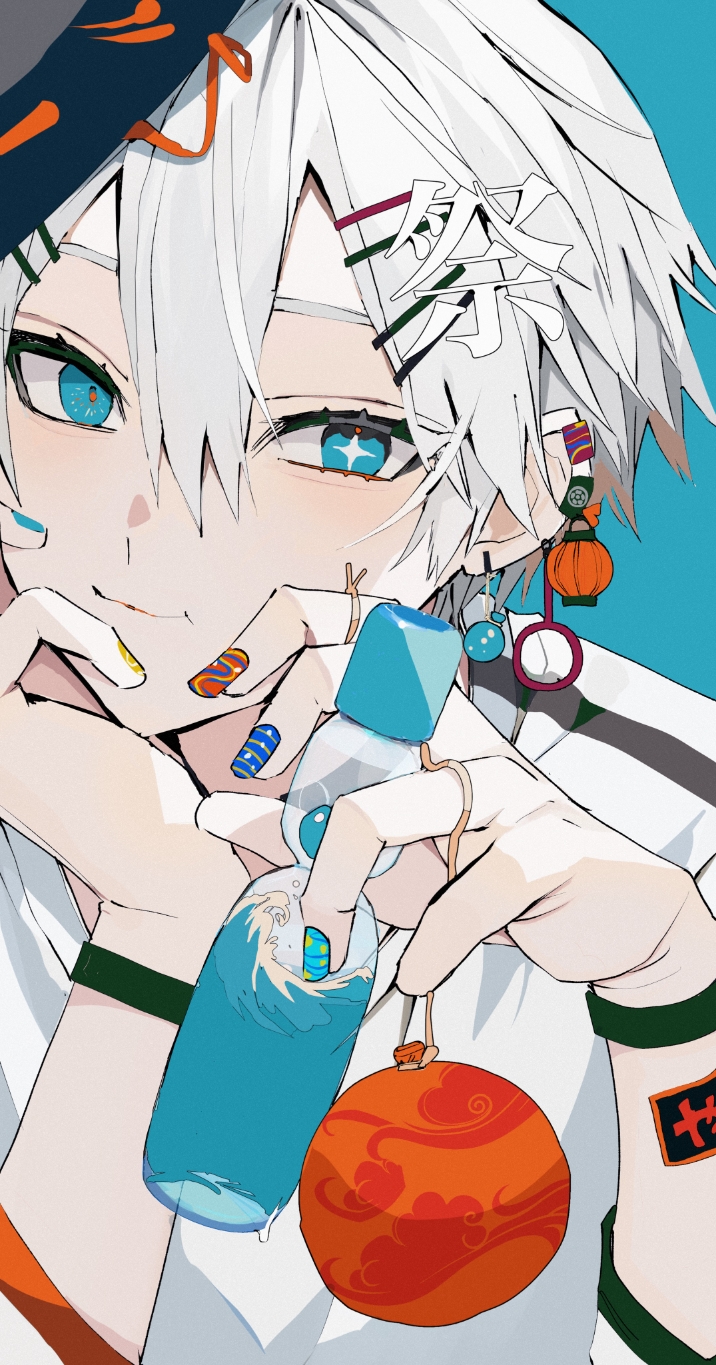 1boy :3 blue_eyes bottle closed_mouth earrings hair_between_eyes hand_on_own_chin head_rest highres holding holding_bottle jewelry light_smile looking_at_viewer male_focus mask mask_on_head multiple_hairpins nail_polish original ramune sakusya2honda shirt short_hair short_sleeves simple_background solo upper_body white_hair white_shirt wristband