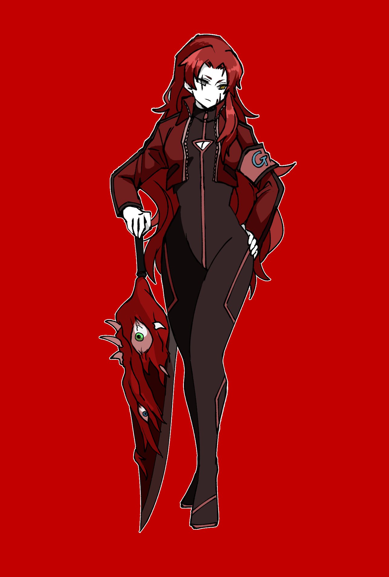 0o0onnk 1girl black_bodysuit bodysuit closed_mouth cropped_jacket e.g.o_(project_moon) full_body gebura_(project_moon) heterochromia highres holding holding_sword holding_weapon jacket lobotomy_corporation long_hair looking_to_the_side parted_bangs project_moon red_background red_jacket redhead simple_background single_sidelock solo sword very_long_hair weapon