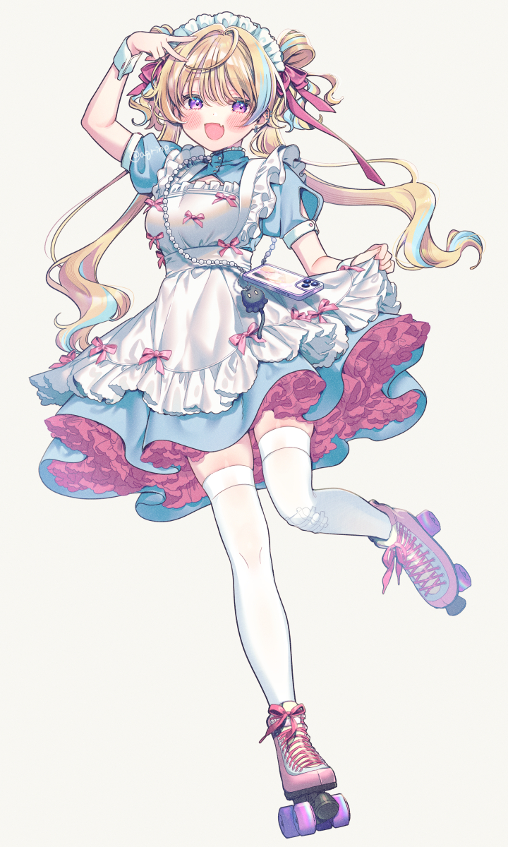 1girl :d apron blonde_hair blue_dress blue_hair blush bow cellphone charm_(object) commentary_request cross-laced_footwear dress ear_piercing earrings fang frilled_apron frilled_dress frilled_hairband frills full_body gauze gauze_on_knee grey_background hair_ribbon hairband highres jewelry layered_dress leg_up light_blue_hair long_hair looking_at_viewer maid maid_apron maid_headdress multicolored_hair open_mouth original phone piercing pink_bow pink_dress pink_ribbon puffy_short_sleeves puffy_sleeves ribbon rinndouk roller_skates short_sleeves simple_background skates skin_fang skirt_hold smile solo streaked_hair thigh-highs twintails twitter_username two-tone_hair v v_over_head very_long_hair violet_eyes white_apron white_hairband white_thighhighs white_wrist_cuffs wrist_cuffs zettai_ryouiki