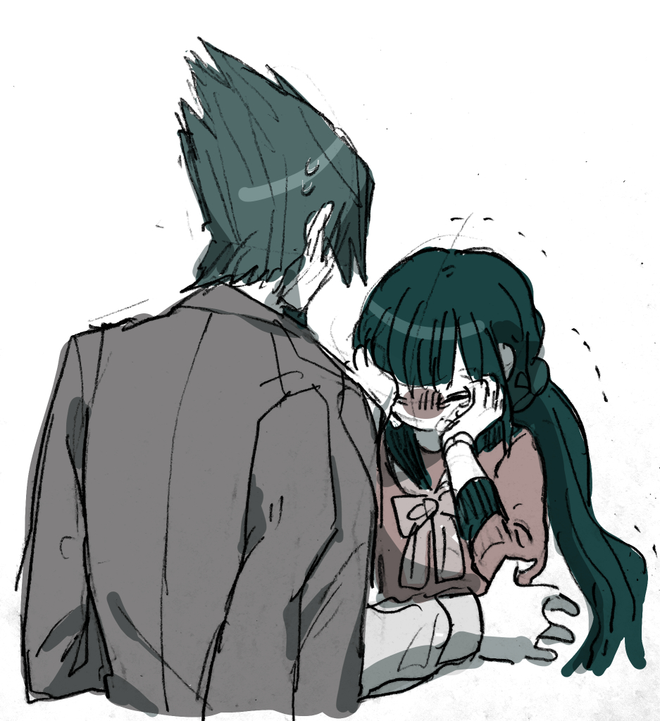 1boy 1girl black_hair black_sailor_collar blue_hair blue_scrunchie bow bowtie closed_eyes coat coat_on_shoulders collared_shirt commentary_request cropped_torso crying danganronpa_(series) danganronpa_v3:_killing_harmony from_behind grey_sleeves hair_ornament hair_scrunchie harukawa_maki long_hair long_sleeves low_twintails momota_kaito no_mouth outstretched_hand purple_coat red_bow red_bowtie red_shirt red_sleeves sailor_collar sailor_shirt sarami_(sa_rami30) scrunchie shirt short_hair simple_background spiky_hair streaming_tears sweatdrop tears trembling twintails very_long_hair white_background