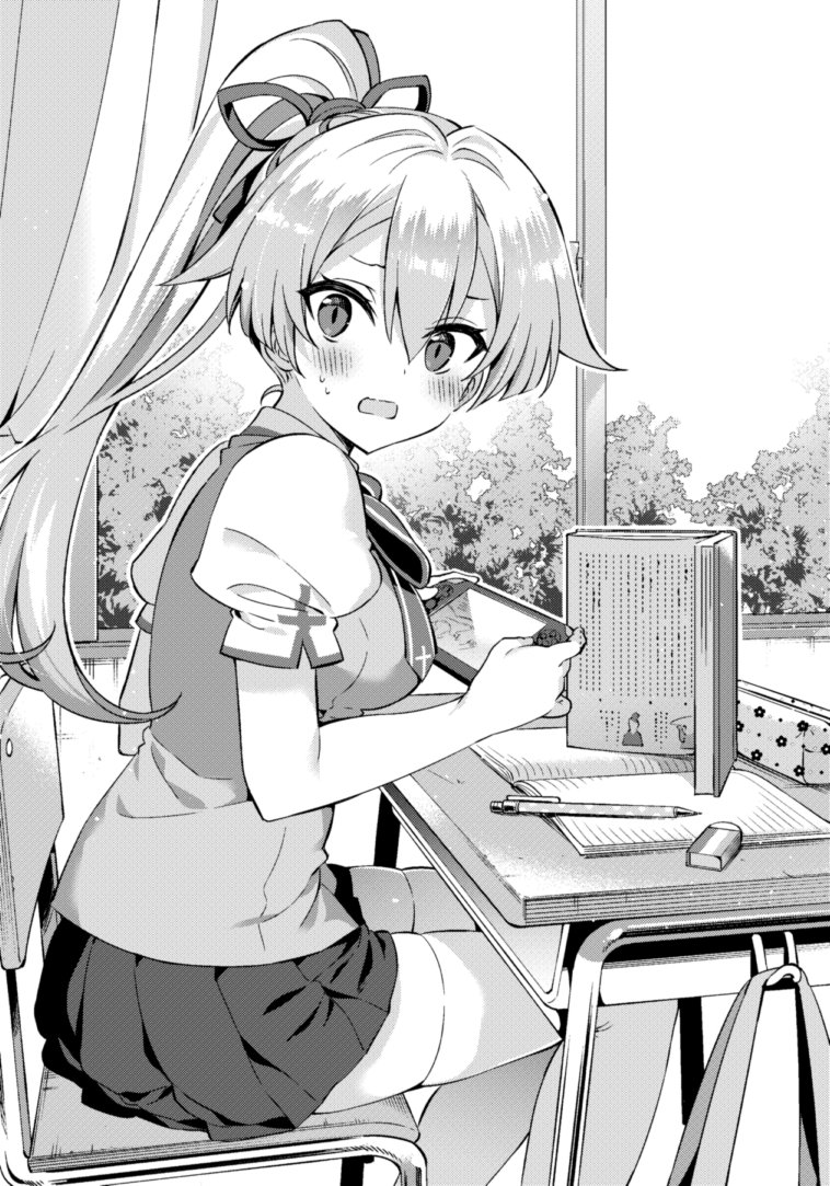 1girl blush book breasts chair desk eraser fate/grand_order fate_(series) hair_ribbon hanabana_tsubomi handheld_game_console holding holding_handheld_game_console homurahara_academy_school_uniform indoors large_breasts looking_at_viewer mechanical_pencil nervous nintendo_switch open_mouth pencil pencil_case ponytail puffy_short_sleeves puffy_sleeves ribbon school_chair school_desk school_uniform short_sleeves sitting skindentation skirt solo sweat thigh-highs tomoe_gozen_(fate) tree window
