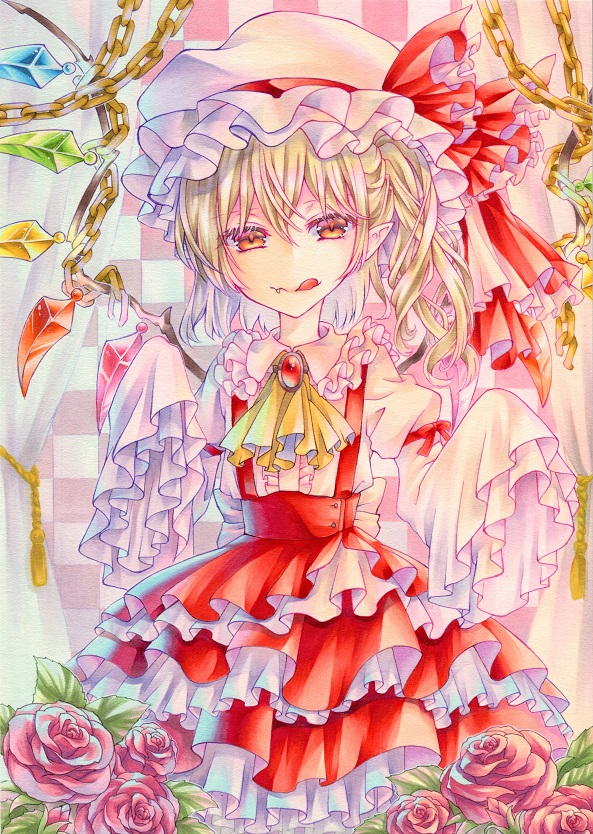 1girl :q adapted_costume ascot blonde_hair brooch center_frills chain checkered_background cowboy_shot crystal curtains fang fang_out flandre_scarlet flower frilled_shirt_collar frills gold_chain hair_between_eyes hat hat_ribbon jewelry juliet_sleeves long_sleeves looking_at_viewer marker_(medium) medium_hair mob_cap multicolored_wings one_side_up orange_eyes pink_flower pink_rose pointy_ears puffy_sleeves red_brooch red_ribbon red_skirt ribbon rose shirt skirt sleeve_ribbon sleeves_past_fingers sleeves_past_wrists solo suspender_skirt suspenders tongue tongue_out touhou traditional_media wassmint white_headwear white_shirt wings yellow_ascot yellow_tassel