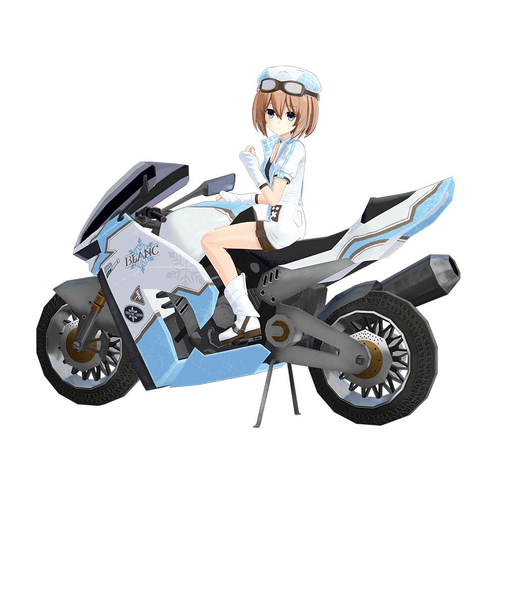 1girl bare_legs blanc_(neptunia) blue_eyes blush boots brown_hair character_name dress expressionless from_side frown full_body goggles goggles_on_head hair_between_eyes hand_up hat highres looking_at_viewer looking_back medium_hair motor_vehicle motorcycle neptune_(series) official_art on_motorcycle promotional_art short_sleeves solo straddling white_dress
