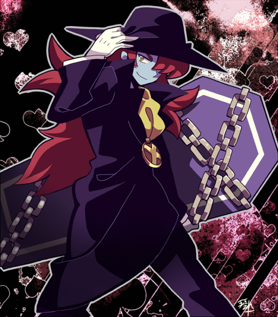 1boy adjusting_clothes adjusting_headwear ascot black_coat black_hat black_pants blue_skin brown_eyes chain closed_mouth coat coffin colored_skin croket! feet_out_of_frame fondde_veau gloves hair_over_one_eye heart holding_coffin kotorai looking_at_viewer male_focus pants redhead smile solo spade_(shape) white_gloves yellow_ascot