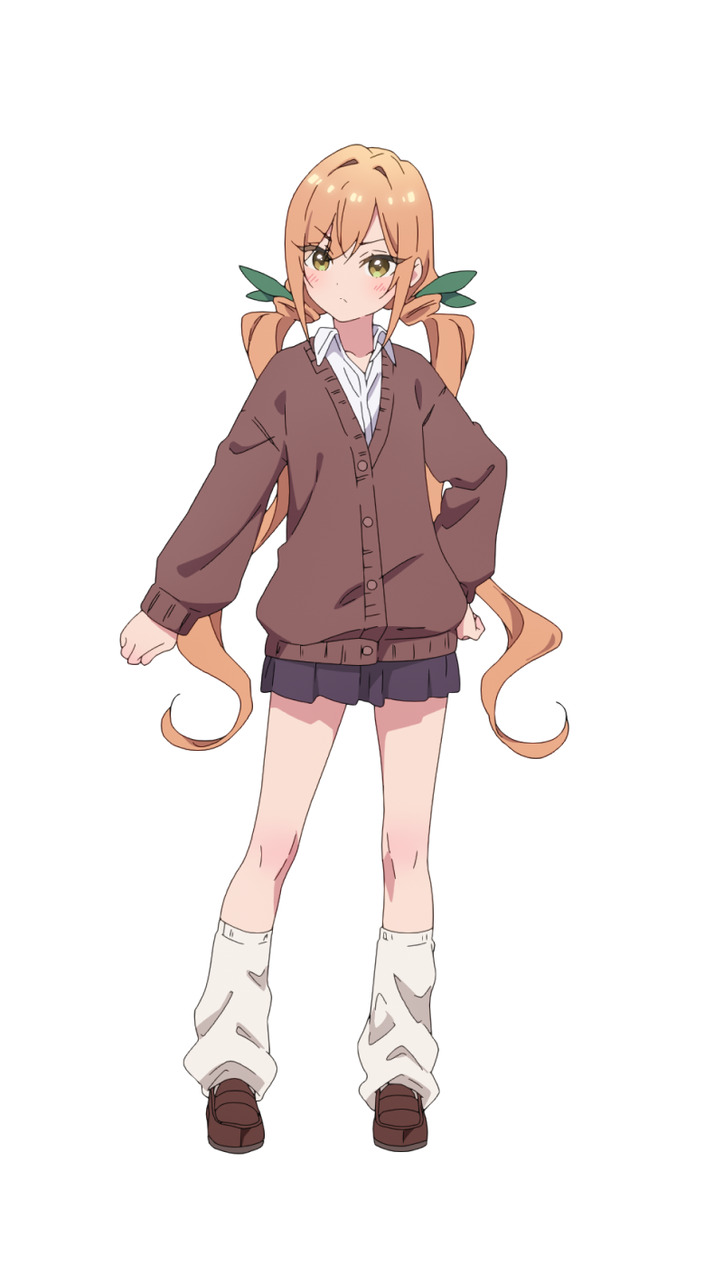 artist_request averting_eyes blue_skirt blush brown_cardigan brown_footwear buttons cardigan closed_mouth curled_fingers curly_hair dot_nose dress_shirt facing_viewer full_body furrowed_brow green_ribbon hair_ribbon hand_on_own_hip highres kimi_no_koto_ga_dai_dai_dai_dai_daisuki_na_100-nin_no_kanojo kneehighs light_brown_hair loafers long_hair long_sleeves looking_to_the_side loose_socks low_twintails miniskirt official_art pleated_skirt ribbon school_uniform shirt shoes sidelocks skirt socks solo standing tachi-e transparent_background twintails very_long_hair wavy_hair white_shirt white_socks yellow_eyes