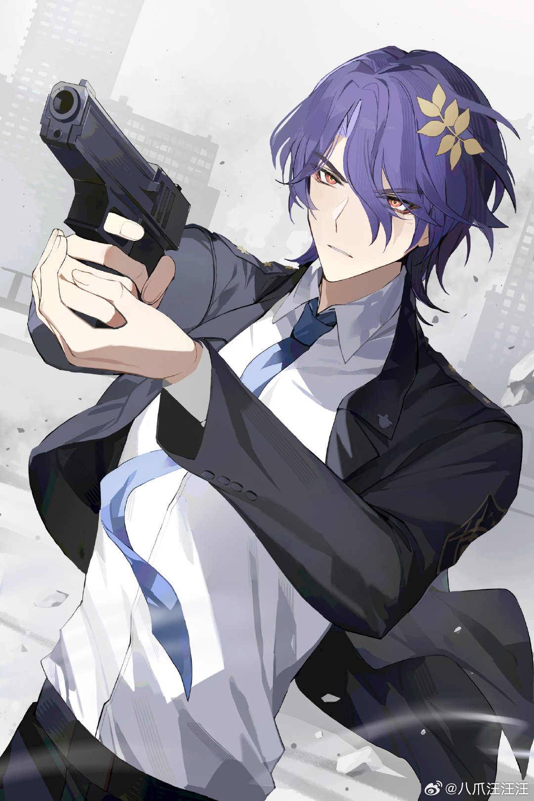 1boy aiming alternate_costume bazhua belt black_belt black_jacket black_pants black_suit blue_necktie building chinese_commentary collared_shirt cuff_links curtained_hair debris dr._ratio_(honkai:_star_rail) dust finger_on_trigger gun hair_between_eyes handgun highres holding holding_gun holding_weapon honkai:_star_rail honkai_(series) jacket lapel_pin lapels long_sleeves looking_ahead male_focus necktie notched_lapels open_clothes open_jacket orange_eyes outdoors pants parted_lips police_badge purple_hair serious shirt short_hair skyscraper solo suit suit_jacket upper_body weapon weibo_logo weibo_watermark white_shirt