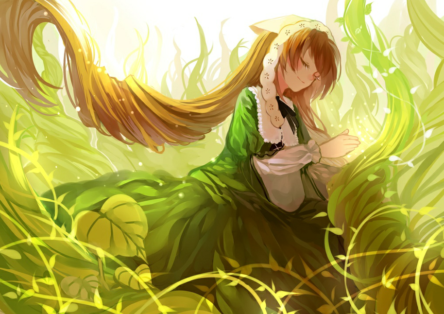 1girl 4ci black_ribbon brown_hair closed_eyes closed_mouth commentary cowboy_shot dress drill_hair floating_hair frilled_shirt_collar frills green_dress head_scarf lace leaf lolita_fashion long_dress long_hair long_sleeves medium_bangs neck_ribbon plant plate ribbon rozen_maiden smile solo suiseiseki symbol-only_commentary twin_drills very_long_hair vines
