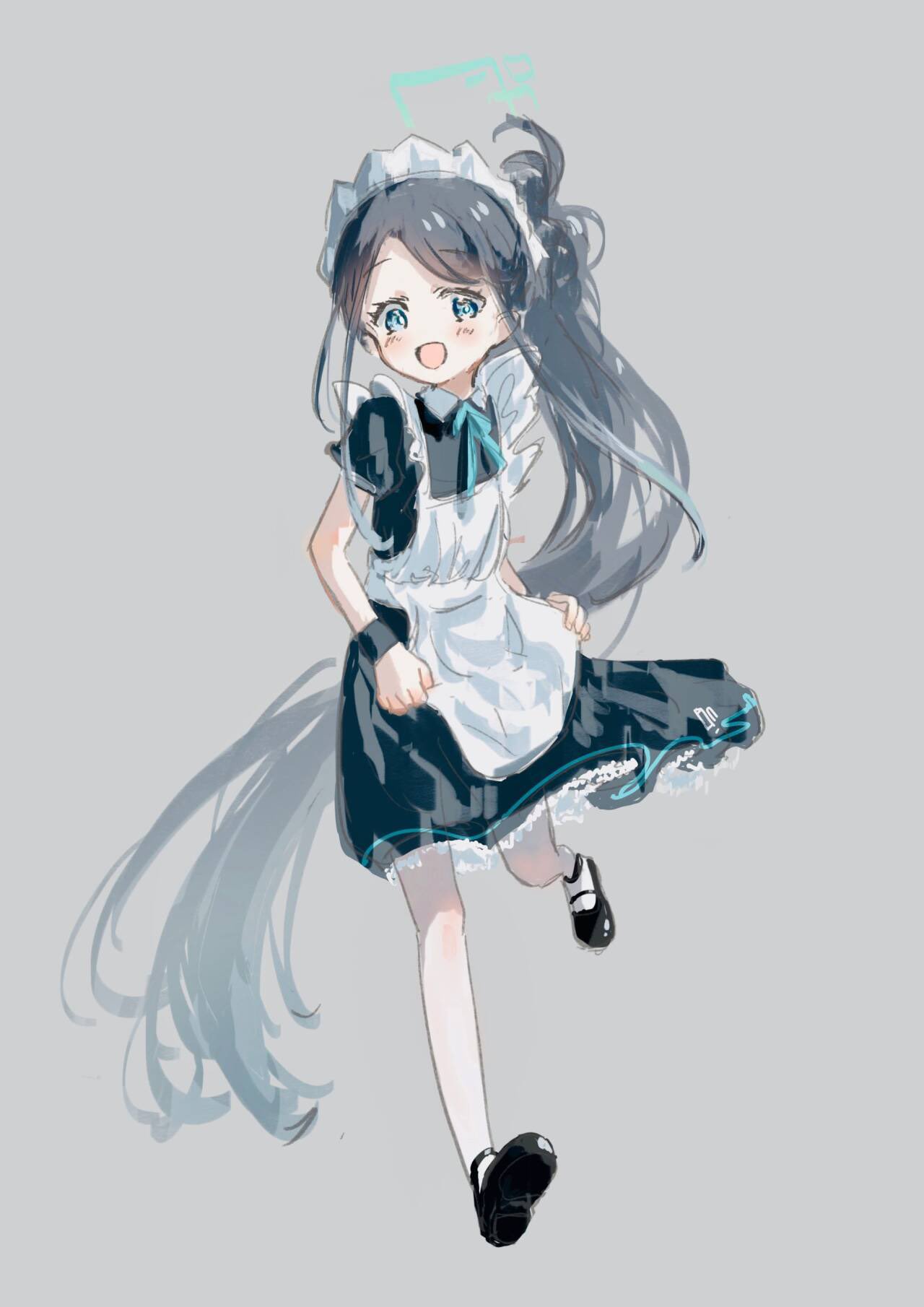 1girl :d apron aris_(blue_archive) aris_(maid)_(blue_archive) black_dress black_footwear black_hair blue_archive blue_eyes blue_ribbon bright_pupils dress full_body green_halo grey_background halo highres long_hair looking_at_viewer maid maid_apron maid_headdress mary_janes neck_ribbon official_alternate_costume open_mouth pantyhose ponytail puffy_short_sleeves puffy_sleeves ribbon running shoes short_sleeves simple_background skirt_hold smile solo very_long_hair white_apron white_pantyhose white_pupils x158239