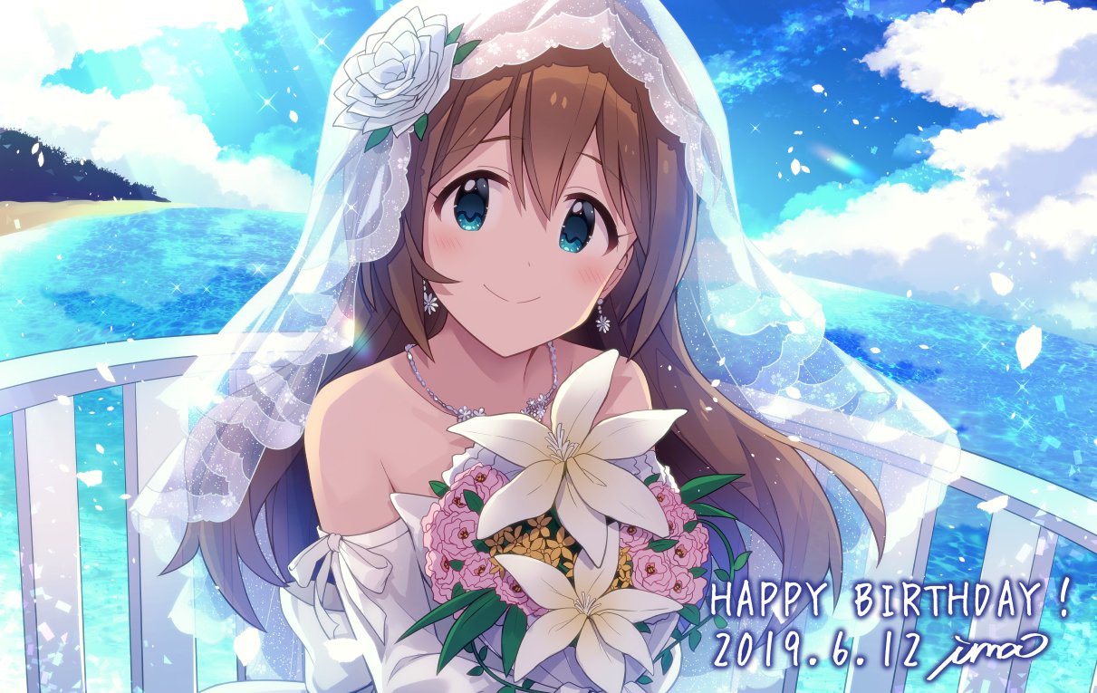 aqua_eyes artist_name baba_konomi bare_shoulders beach blue_sky blush bouquet bridal_gauntlets bridal_veil brown_hair clouds cloudy_sky collarbone dated dot_nose dress earrings falling_petals flower flower_earrings flower_necklace furrowed_brow hair_between_eyes hair_flower hair_ornament handrail happy_birthday holding holding_bouquet idolmaster idolmaster_million_live! idolmaster_million_live!_theater_days ima_(lm_ew) jewelry light_smile lily_(flower) long_hair looking_at_viewer ocean official_alternate_hairstyle petals pink_flower pink_rose rose sidelocks sky sparkle upper_body veil waves wedding_dress white_dress