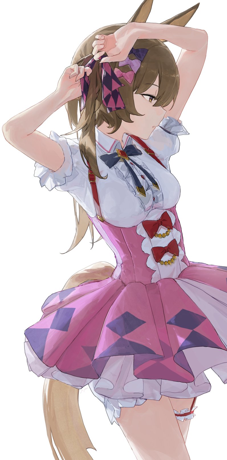 1girl animal_ears blush bow bowtie breasts brown_eyes brown_hair closed_mouth collared_dress dress ear_ornament from_side hair_between_eyes hair_bow hair_tie highres horse_ears horse_girl horse_tail jyakku medium_hair multicolored_clothes multicolored_dress pink_dress pink_skirt puffy_short_sleeves puffy_sleeves short_sleeves simple_background skirt smart_falcon_(umamusume) solo tail twintails umamusume white_background