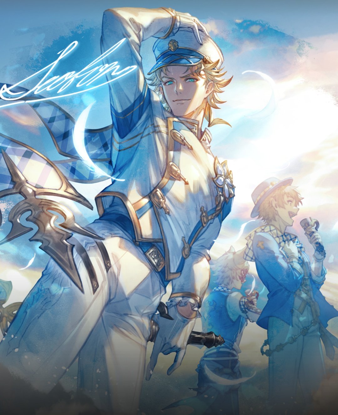 3boys animal_ears aqua_eyes arm_up backlighting badge band_uniform belt blonde_hair blue_sky brown_hair button_badge clouds cloudy_sky commentary commentary_request cowboy_shot denim english_text erune falling_feathers feathers frilled_sleeves frills furrowed_brow gran_(granblue_fantasy) granblue_fantasy grey_hair half_mask hand_on_headwear hat highres holding holding_microphone jeans light_particles light_rays looking_down mask messy_hair microphone minaba_hideo multiple_boys music official_art pants parted_bangs plaid plaid_scarf promotional_art scarf seofon_(granblue_fantasy) seox_(granblue_fantasy) shako_cap singing sky smirk spiky_hair sunlight sweatdrop third-party_source white_pants wolf_ears