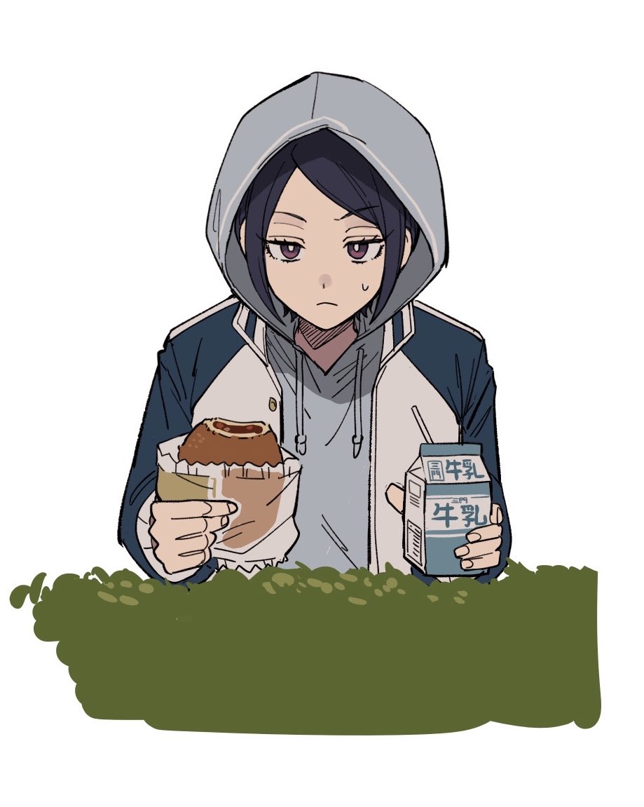 1girl aoi_(yooo009) bread bush closed_mouth drink drinking_straw food grey_hoodie holding holding_food holding_milk_carton hood hood_up hooded_jacket hoodie jacket jitome kitora_ai long_sleeves milk_carton open_clothes open_jacket parted_bangs ranguage short_hair simple_background solo sweatdrop upper_body violet_eyes white_background world_trigger