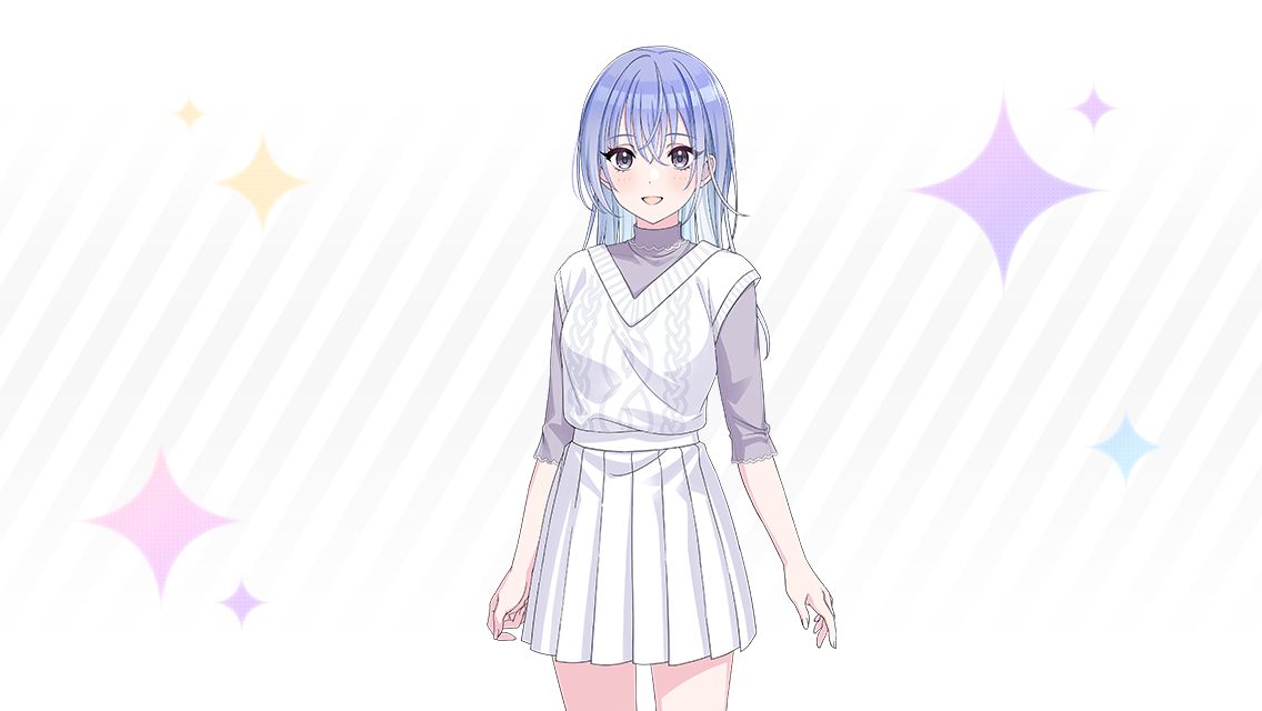1girl blue_hair blush grey_shirt idolmaster idolmaster_shiny_colors looking_at_viewer official_art patterned_background pleated_skirt shirt skirt smile solo sparkle suzuki_hana sweater_vest v-neck violet_eyes white_skirt white_sweater_vest