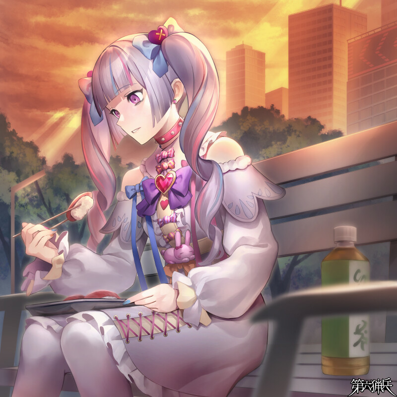 1girl bags_under_eyes bench blue_bow blue_hair blue_nails blunt_bangs blunt_sidelocks bottle bow bowtie brooch building buttons candy center_frills chopsticks clothing_cutout clouds collar copyright_name cross-laced_clothes curly_hair dairoku_ryouhei dress dusk earrings eating empty_eyes feet_out_of_frame fish_(food) food food-themed_clothes food-themed_earrings frilled_dress frilled_sleeves frills hair_bow hair_ornament heart heart_brooch heart_hair_ornament holding holding_chopsticks jewelry knees_together_feet_apart lonely long_sleeves multicolored_hair multicolored_nails nail_polish nigirizushi orange_nails outdoors pantyhose park_bench parted_lips pink_collar pink_hair pink_nails puffy_long_sleeves puffy_sleeves purple_bow purple_bowtie rabbit_ornament shoulder_cutout solo spiked_collar spikes strawberry_earrings streaked_hair stud_earrings sushi tanaka_(tw) tochigi_saline tree twintails unhappy violet_eyes white_dress white_pantyhose wrapped_candy yume_kawaii