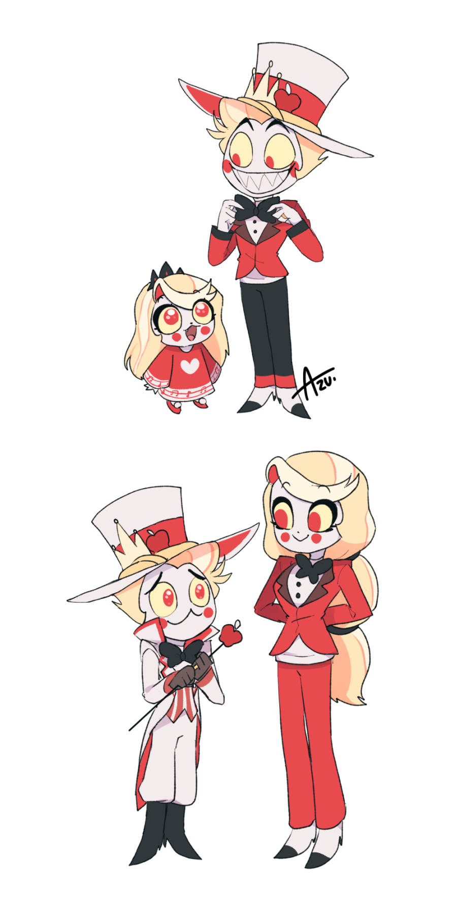 1boy 1girl :3 adjusting_bowtie aged_down alternate_costume arms_behind_back azu_(kirara310) black_bow black_bowtie blonde_hair bow bowtie cane charlie_morningstar child colored_sclera commentary_request father_and_daughter grin hat hazbin_hotel highres holding holding_cane long_hair looking_up lucifer_morningstar_(hazbin_hotel) ponytail red_eyes sharp_teeth short_hair simple_background smile teeth white_background yellow_sclera