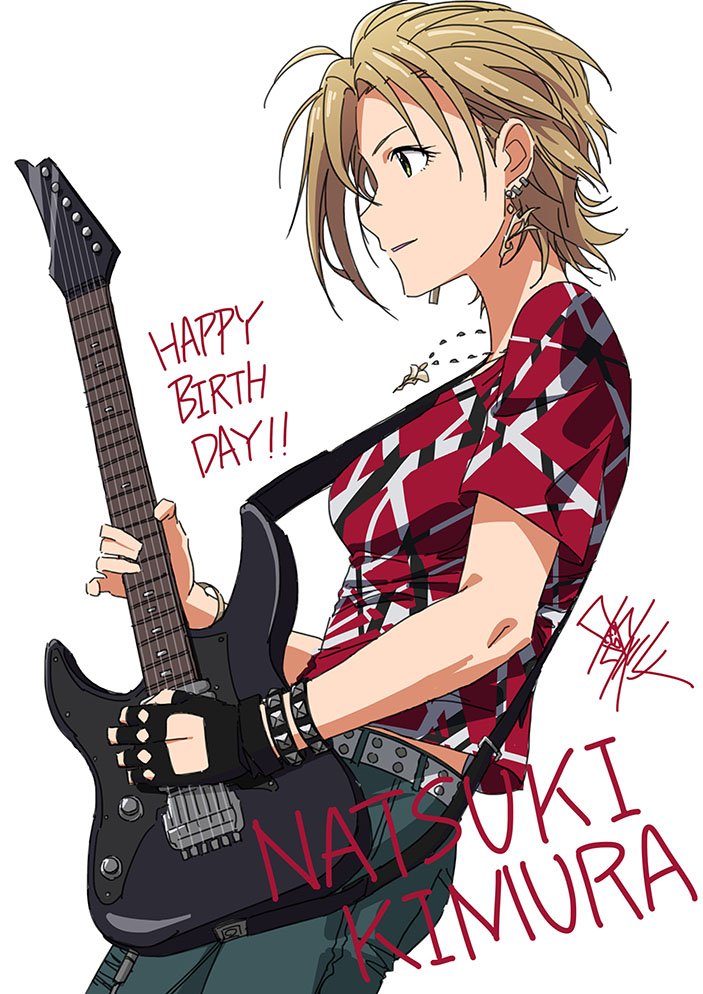 1girl belt black_gloves breasts brown_hair character_name earrings fingerless_gloves from_side gloves green_eyes green_pants grey_belt guitar happy_birthday holding holding_guitar holding_instrument idolmaster idolmaster_cinderella_girls idolmaster_cinderella_girls_starlight_stage instrument jewelry kimura_natsuki looking_at_another medium_breasts multiple_bracelets necklace pants parted_lips playing_guitar red_shirt shirt short_hair short_sleeves signature simple_background single_glove smile solo studded_bracelet taku1122 white_background